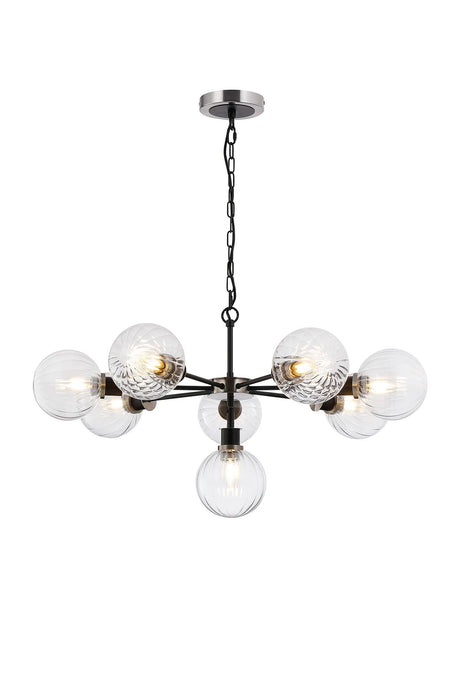 Stevens Pendant, 8 x E14 With 15cm Round Segment Glass Shade, Satin Nickel, Clear & Satin Black