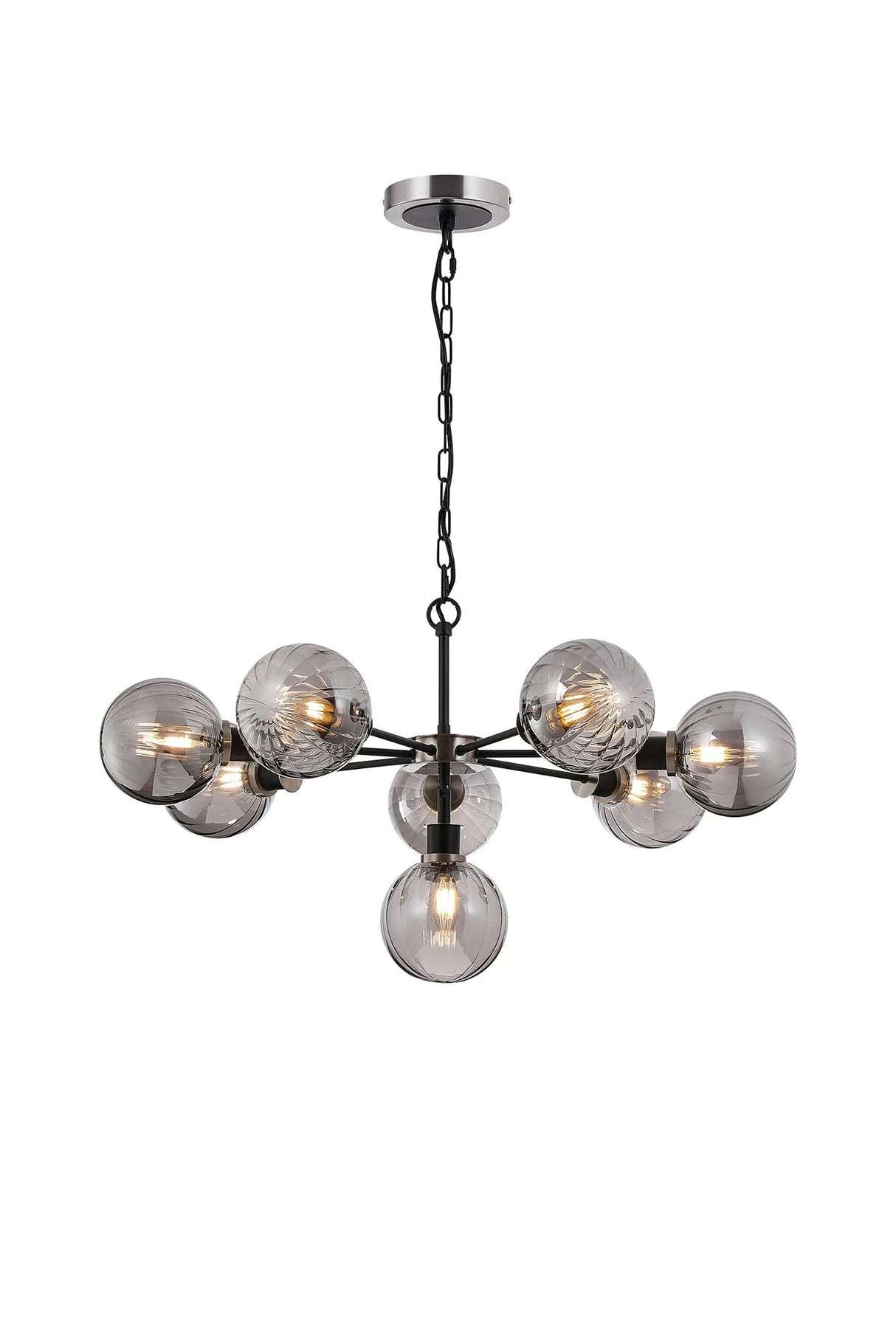 Stevens Pendant, 8 x E14 With 15cm Round Segment Glass Shade, Satin Nickel, Smoke Plated & Satin Black