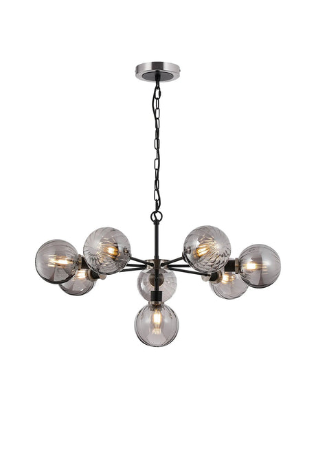 Stevens Pendant, 8 x E14 With 15cm Round Segment Glass Shade, Satin Nickel, Smoke Plated & Satin Black