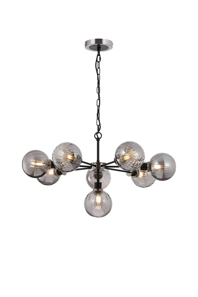 Stevens Pendant, 8 x E14 With 15cm Round Segment Glass Shade, Satin Nickel, Smoke Plated & Satin Black