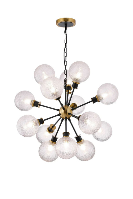 Stevens Pendant, 14 x E14 With 15cm Round Dimpled Glass Shade, Brass, Clear & Satin Black