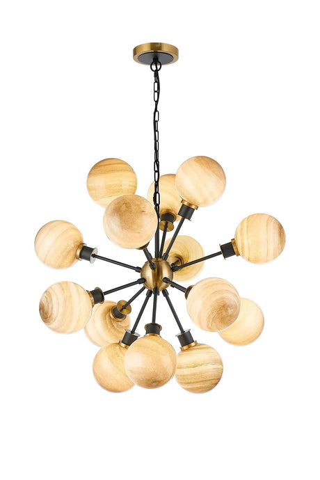 Stevens 78cm Pendant, 14 Light E14 With 15cm Round Dark Beige Marble Effect Glass Shade, Brass & Satin Black Framework