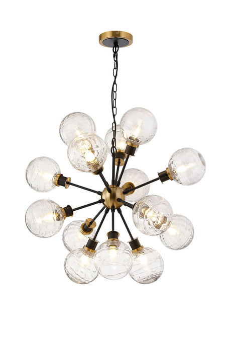 Stevens Pendant, 14 x E14 With 15cm Round Textured Melting Glass Shade, Brass, Clear & Satin Black