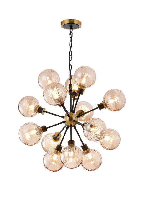 Stevens Pendant, 14 x E14 With 15cm Round Segment Glass Shade, Brass, Amber Plated & Satin Black