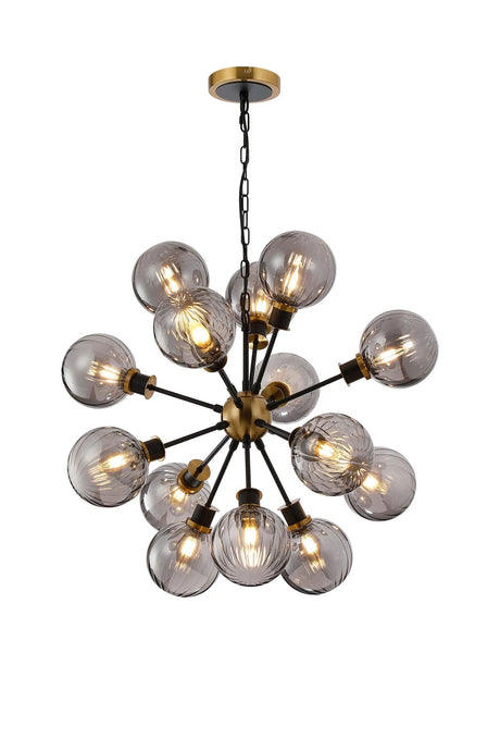 Stevens Pendant, 14 x E14 With 15cm Round Segment Glass Shade, Brass, Smoke Plated & Satin Black
