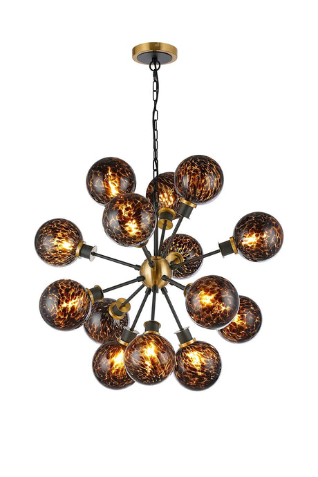 Stevens 78cm Pendant, 14 Light E14 With 15cm Round Brown & Amber Tortoise Shell Glass Shade, Brass & Satin Black