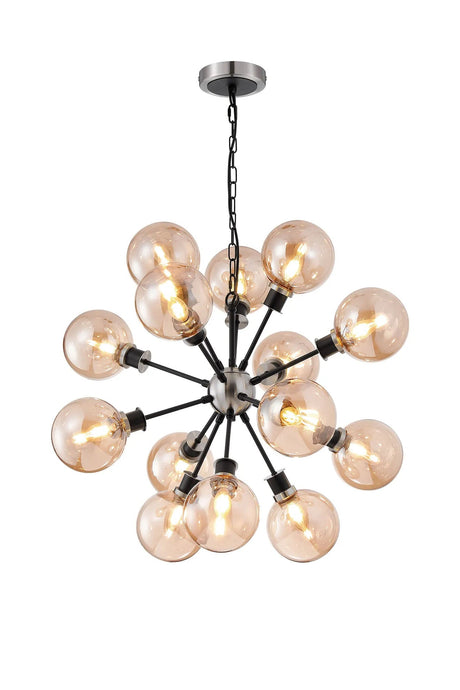 Stevens Pendant, 14 x E14 With 15cm Round Glass Shade, Satin Nickel, Amber Plated & Satin Black