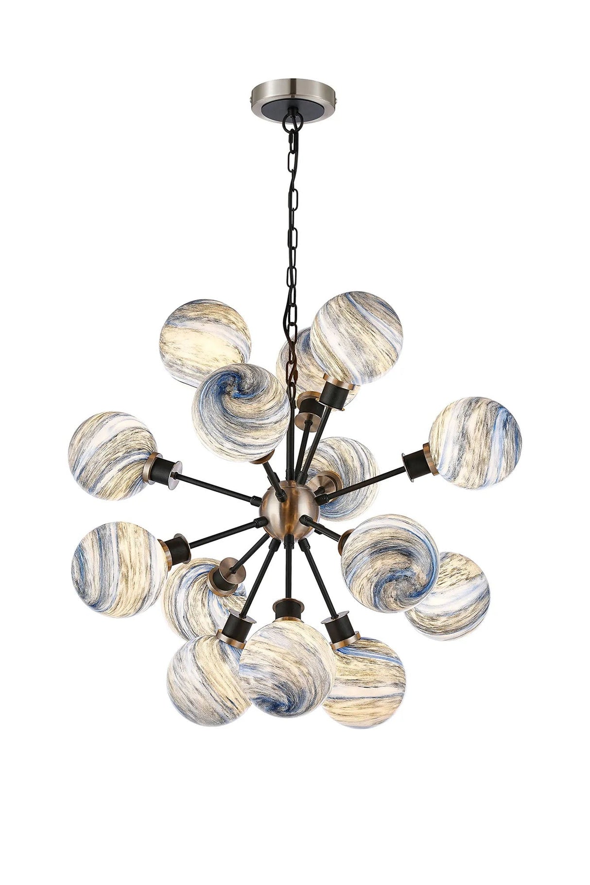 Stevens 78cm Pendant, 14 Light E14 With 15cm Round Dark Blue Marble Effect Glass Shade, Satin Nickel & Satin Black Framework