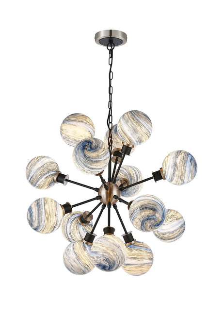 Stevens 78cm Pendant, 14 Light E14 With 15cm Round Dark Blue Marble Effect Glass Shade, Satin Nickel & Satin Black Framework