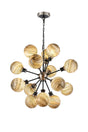 Stevens 78cm Pendant, 14 Light E14 With 15cm Round Light Grey Marble Effect Glass Shade, Satin Nickel & Satin Black Framework