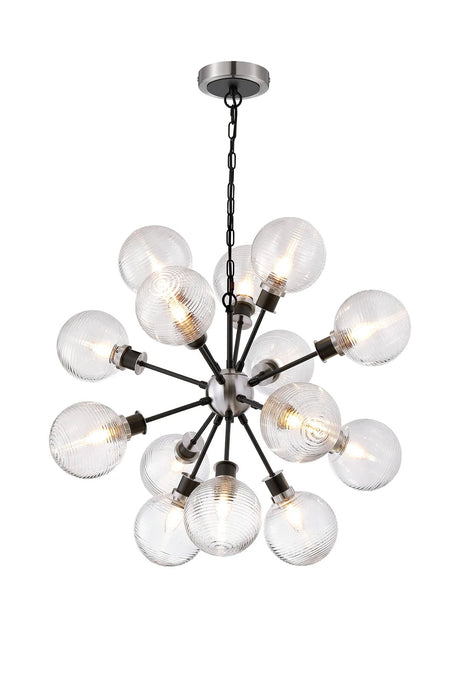 Stevens Pendant, 14 x E14 With 15cm Round Ribbed Glass Shade, Satin Nickel, Clear & Satin Black