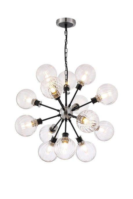 Stevens Pendant, 14 x E14 With 15cm Round Segment Glass Shade, Satin Nickel, Clear & Satin Black