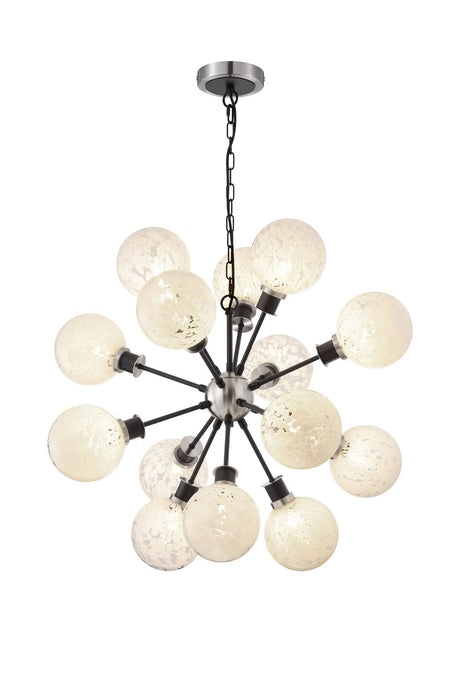 Stevens Pendant, 14 x E14 With 15cm Round Speckled Glass Shade, Satin Nickel, White & Satin Black