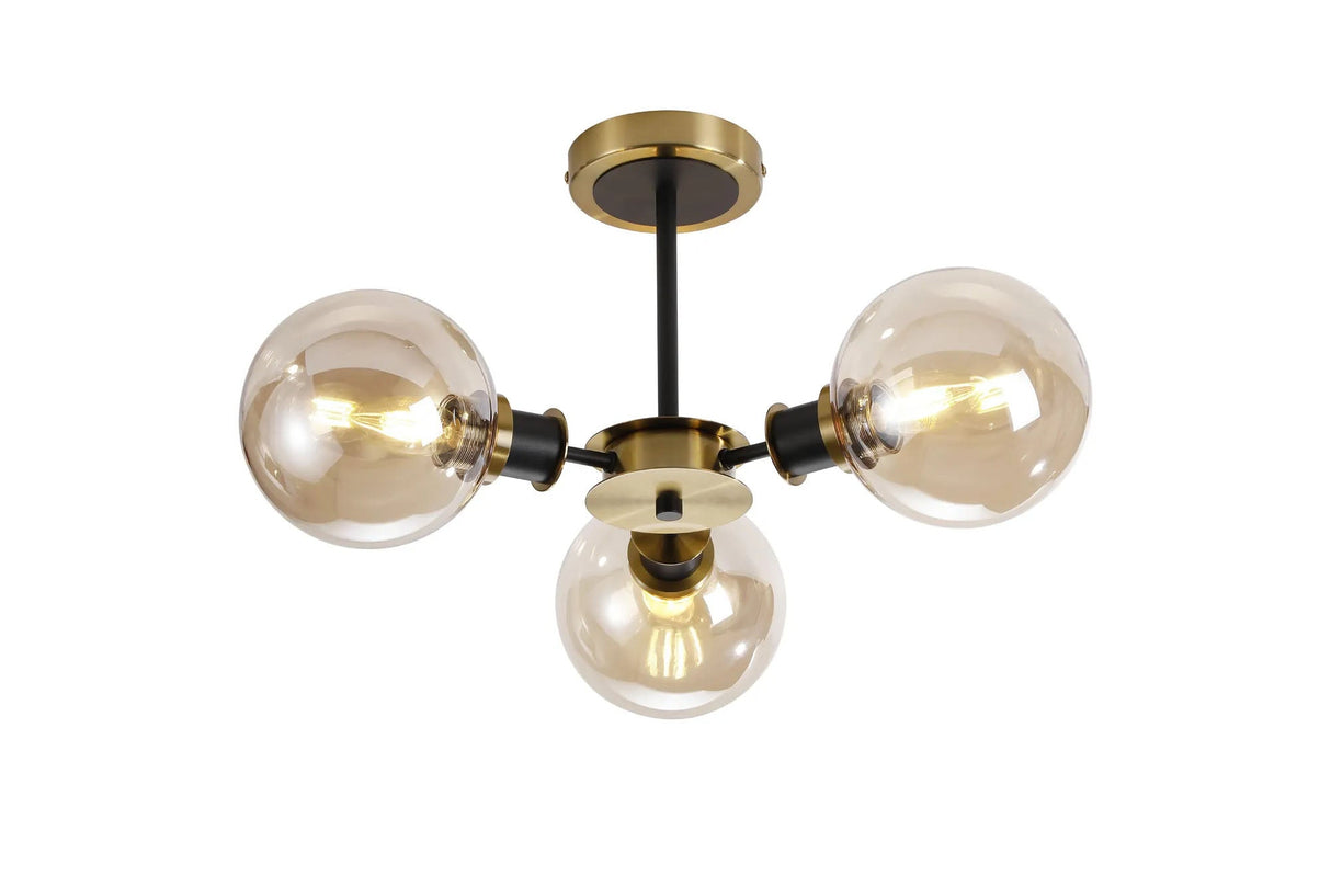 Stevens Semi Ceiling, 3 x E14 With 15cm Round Glass Shade, Brass, Amber Plated & Satin Black