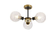 Stevens Semi Ceiling, 3 x E14 With 15cm Round Textured Crumple Glass Shade, Brass, Clear & Satin Black