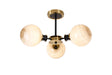 Stevens 53cm Semi Ceiling, 3 Light E14 With 15cm Round Dark Beige Marble Effect Glass Shade, Brass & Satin Black Framework