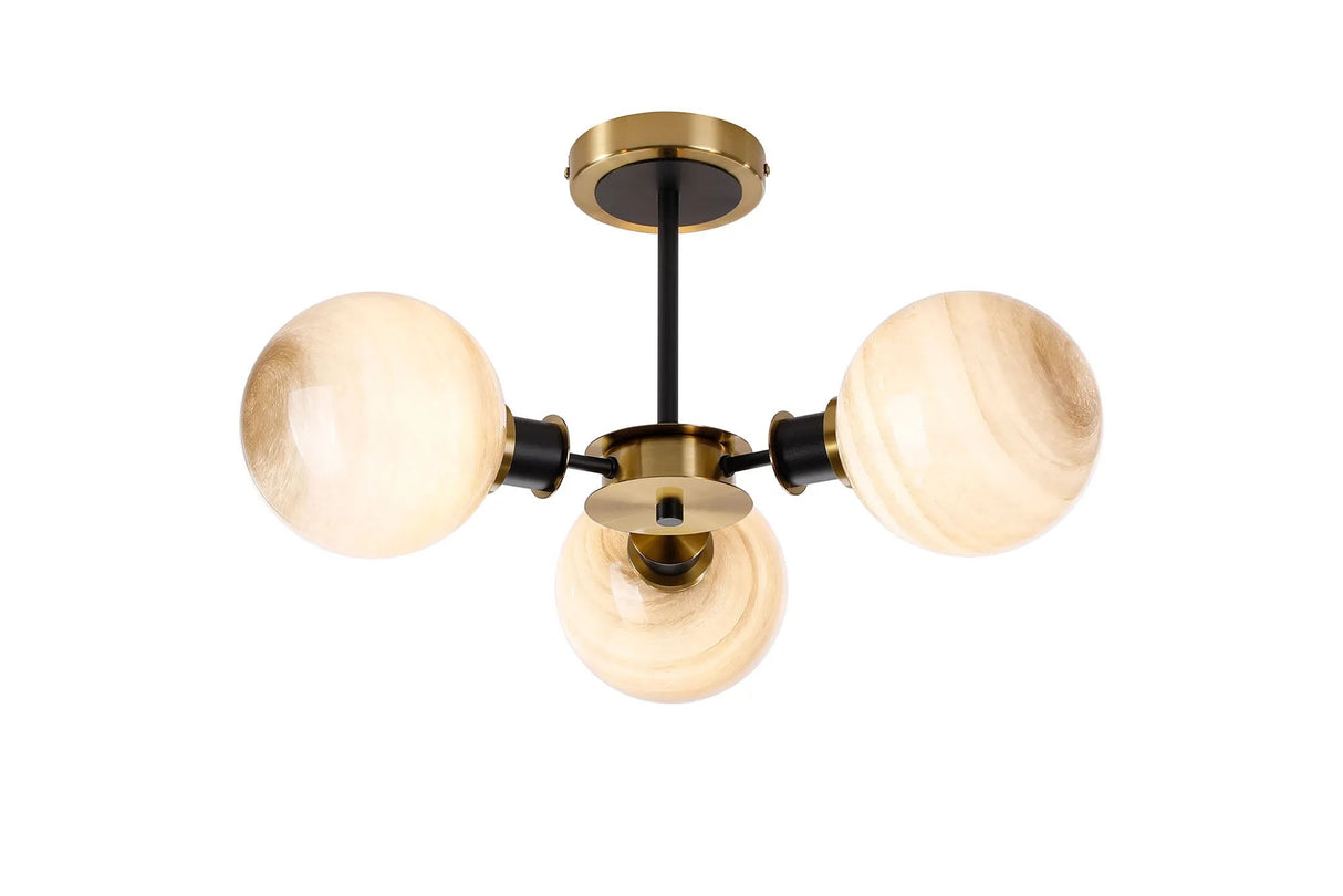 Stevens 53cm Semi Ceiling, 3 Light E14 With 15cm Round Dark Beige Marble Effect Glass Shade, Brass & Satin Black Framework