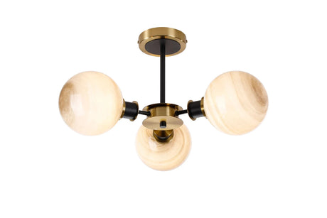 Stevens 53cm Semi Ceiling, 3 Light E14 With 15cm Round Dark Beige Marble Effect Glass Shade, Brass & Satin Black Framework