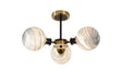 Stevens 53cm Semi Ceiling, 3 Light E14 With 15cm Round Dark Green Marble Effect Glass Shade, Brass & Satin Black Framework