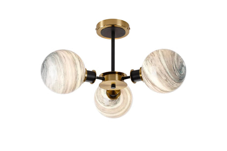 Stevens 53cm Semi Ceiling, 3 Light E14 With 15cm Round Dark Green Marble Effect Glass Shade, Brass & Satin Black Framework