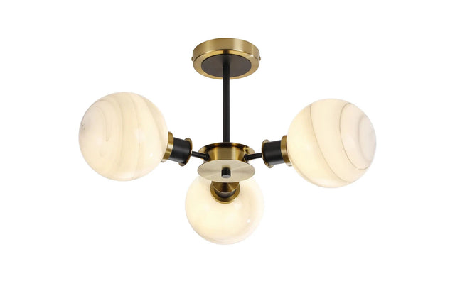 Stevens Semi Ceiling, 3 x E14 With 15cm Round Marble Effect Glass Shade, Brass, White & Satin Black