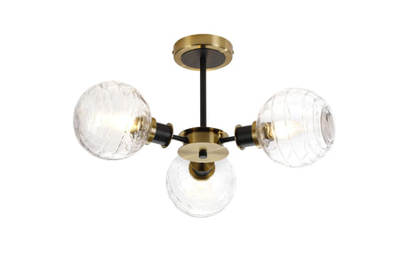 Stevens Semi Ceiling, 3 x E14 With 15cm Round Textured Melting Glass Shade, Brass, Clear & Satin Black