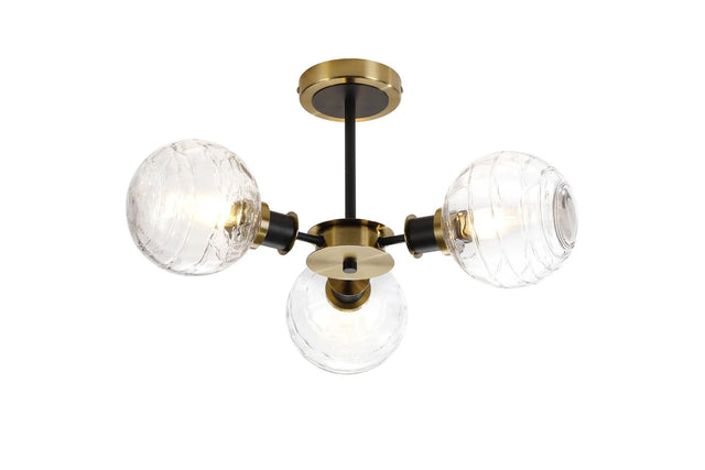 Stevens Semi Ceiling, 3 x E14 With 15cm Round Textured Melting Glass Shade, Brass, Clear & Satin Black
