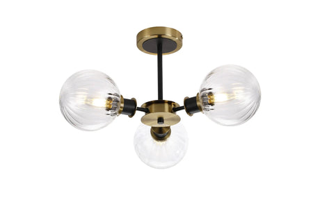 Stevens Semi Ceiling, 3 x E14 With 15cm Round Segment Glass Shade, Brass, Clear & Satin Black