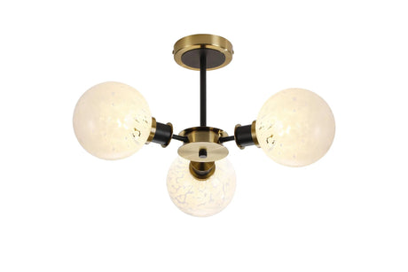 Stevens Semi Ceiling, 3 x E14 With 15cm Round Speckled Glass Shade, Brass, White & Satin Black