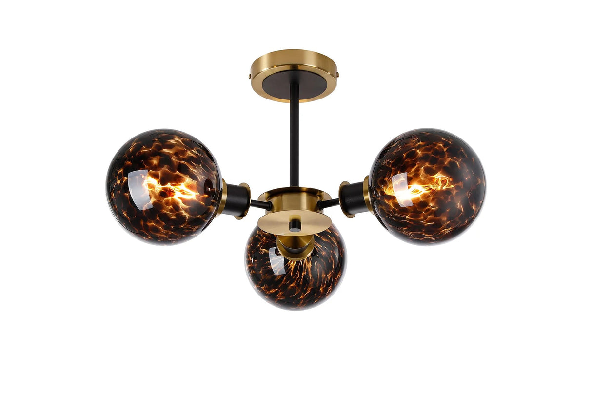 Stevens 53cm Semi Ceiling, 3 Light E14 With 15cm Round Brown & Amber Tortoise Shell Glass Shade, Brass & Satin Black