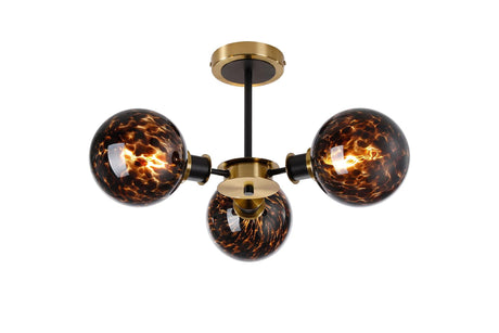 Stevens 53cm Semi Ceiling, 3 Light E14 With 15cm Round Brown & Amber Tortoise Shell Glass Shade, Brass & Satin Black
