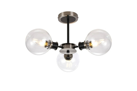 Stevens Semi Ceiling, 3 x E14 With 15cm Round Glass Shade, Satin Nickel, Clear & Satin Black