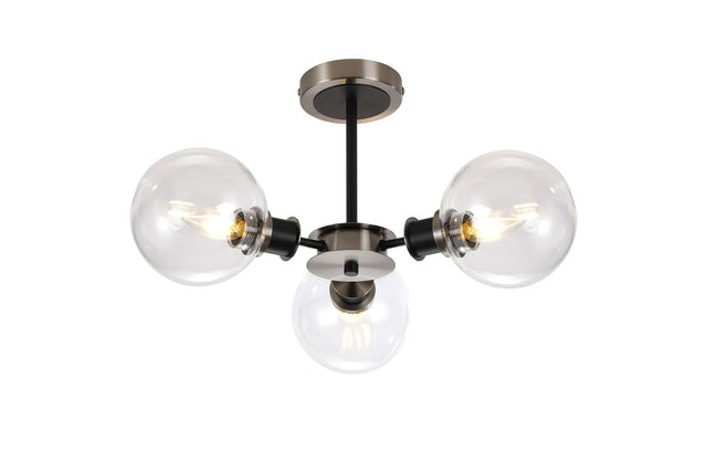 Stevens Semi Ceiling, 3 x E14 With 15cm Round Glass Shade, Satin Nickel, Clear & Satin Black