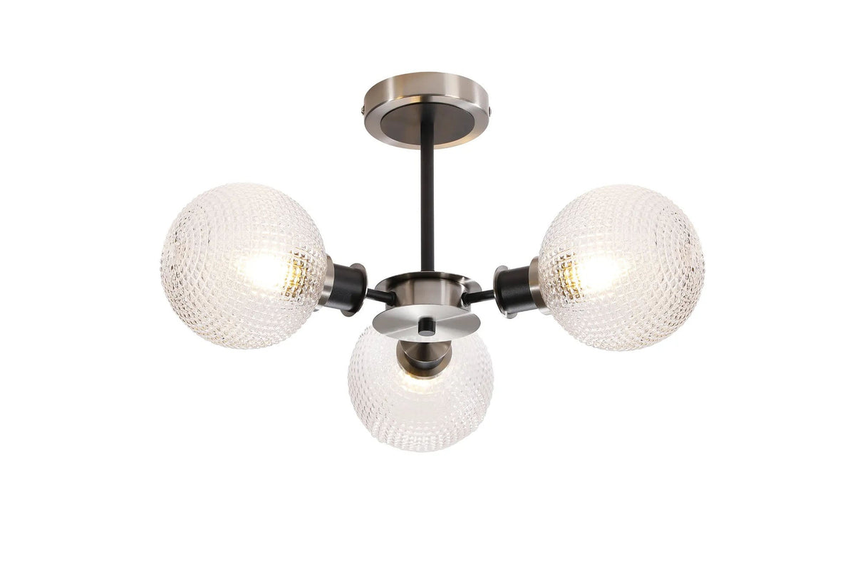 Stevens Semi Ceiling, 3 x E14 With 15cm Round Textured Diamond Pattern Glass Shade, Satin Nickel, Clear & Satin Black
