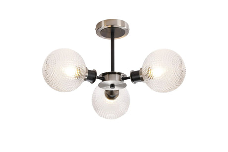 Stevens Semi Ceiling, 3 x E14 With 15cm Round Textured Diamond Pattern Glass Shade, Satin Nickel, Clear & Satin Black