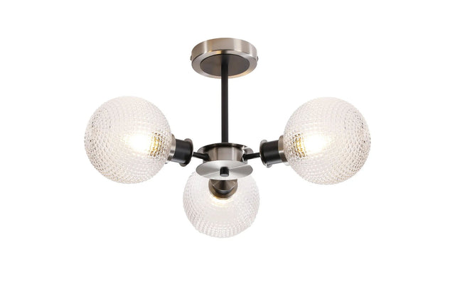 Stevens Semi Ceiling, 3 x E14 With 15cm Round Textured Diamond Pattern Glass Shade, Satin Nickel, Clear & Satin Black