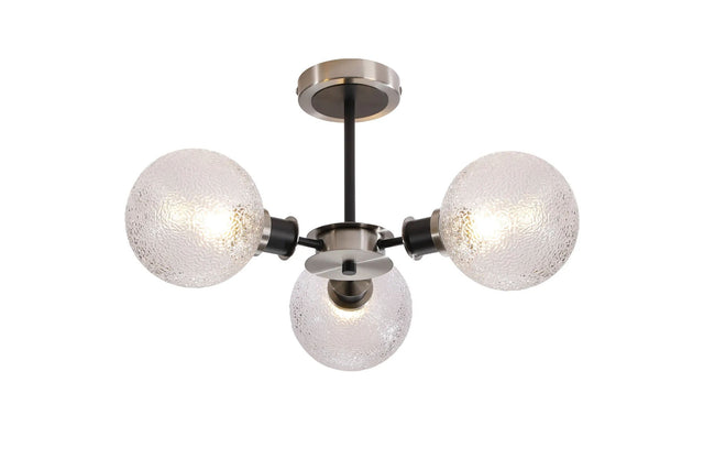 Stevens Semi Ceiling, 3 x E14 With 15cm Round Dimpled Glass Shade, Satin Nickel, Clear & Satin Black