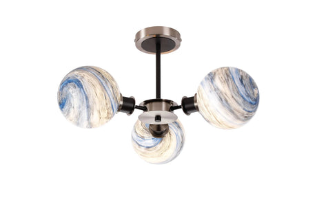Stevens 53cm Semi Ceiling, 3 Light E14 With 15cm Round Dark Blue Marble Effect Glass Shade, Satin Nickel & Satin Black Framework