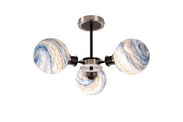 Stevens 53cm Semi Ceiling, 3 Light E14 With 15cm Round Dark Blue Marble Effect Glass Shade, Satin Nickel & Satin Black Framework
