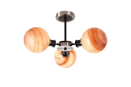 Stevens 53cm Semi Ceiling, 3 Light E14 With 15cm Round Dark Pink Marble Effect Glass Shade, Satin Nickel & Satin Black Framework