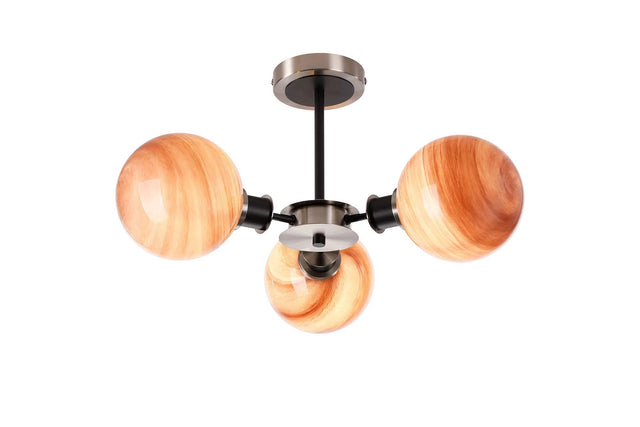 Stevens 53cm Semi Ceiling, 3 Light E14 With 15cm Round Dark Pink Marble Effect Glass Shade, Satin Nickel & Satin Black Framework