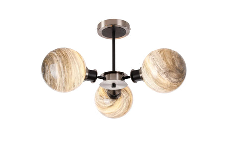 Stevens 53cm Semi Ceiling, 3 Light E14 With 15cm Round Light Grey Marble Effect Glass Shade, Satin Nickel & Satin Black Framework