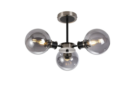 Stevens Semi Ceiling, 3 x E14 With 15cm Round Glass Shade, Satin Nickel, Smoke Plated & Satin Black