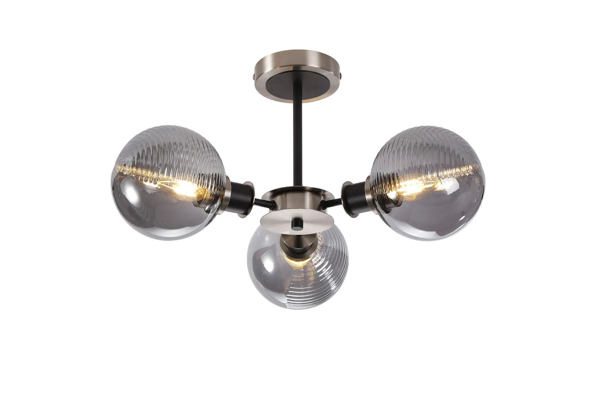 Stevens Semi Ceiling, 3 x E14 With 15cm Round Double Textured Smooth/Ribbed Glass Shade, Satin Nickel, Smoke Plated & Satin Black