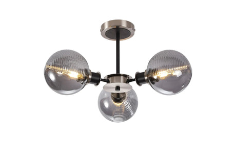 Stevens Semi Ceiling, 3 x E14 With 15cm Round Double Textured Smooth/Ribbed Glass Shade, Satin Nickel, Smoke Plated & Satin Black