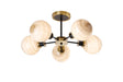 Stevens 52cm Semi Ceiling, 5 Light E14 With 15cm Round Dark Beige Marble Effect Glass Shade, Brass & Satin Black Framework