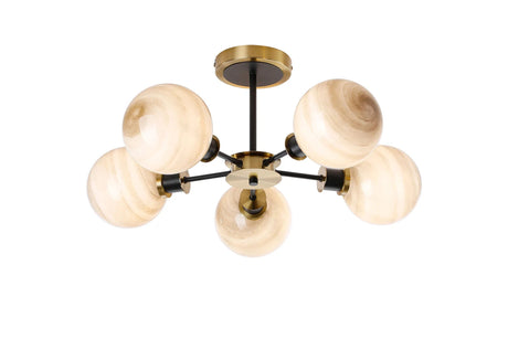 Stevens 52cm Semi Ceiling, 5 Light E14 With 15cm Round Dark Beige Marble Effect Glass Shade, Brass & Satin Black Framework