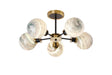 Stevens 52cm Semi Ceiling, 5 Light E14 With 15cm Round Dark Green Marble Effect Glass Shade, Brass & Satin Black Framework