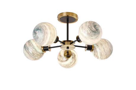Stevens 52cm Semi Ceiling, 5 Light E14 With 15cm Round Dark Green Marble Effect Glass Shade, Brass & Satin Black Framework