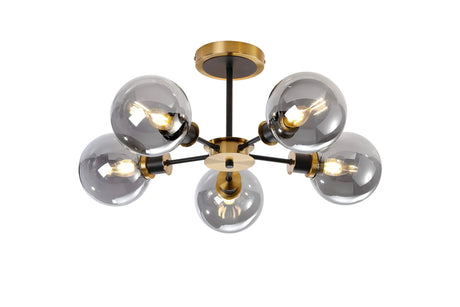 Stevens Semi Ceiling, 5 x E14 With 15cm Round Glass Shade, Brass, Smoke Plated & Satin Black